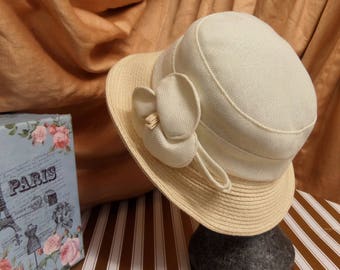 Vintage 1980's Ivory Cream Ladies Summer Spring Straw Hat by Hawkins