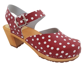 MB Clogs, sandali zoccoli originali svedesi rossi con pois bianchi