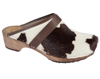 MB Clogs, cow hair clogs white/brown