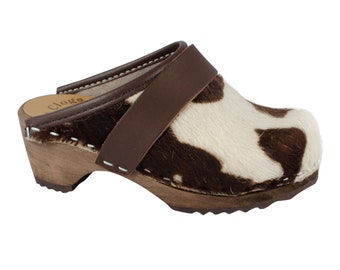 Cow hair clogs for kids white/brown