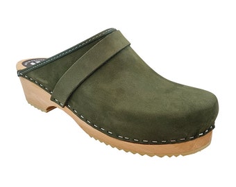 MB Clogs, women's clogs nubuck leather clogs green