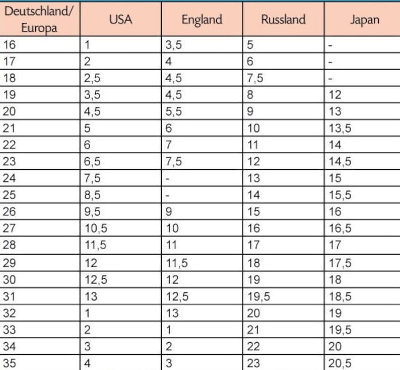 May include: A table showing size conversions for clothing in different countries. The table includes sizes for Germany/Europe, USA, England, Russia, and Japan.