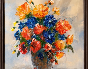 Beautiful floral still life by Jan Chimerek – original acrylic painting on canvas, 2003