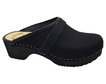 MB clogs, black fat leather clogs