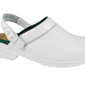 May include: White leather clog with a green trim and a buckle strap. The clog has a white sole with a textured tread.