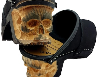 Original Sweden clogs oiled leather black with carved 3 dimensional skull