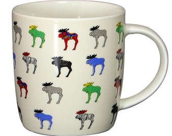 White cup with colorful moose