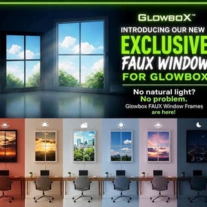 May include: A Glowbox faux window display featuring a black frame with a digital screen showing various outdoor scenes including sunrise, cityscapes, and night views. The text reads: Introducing our new exclusive faux window for Glowbox.