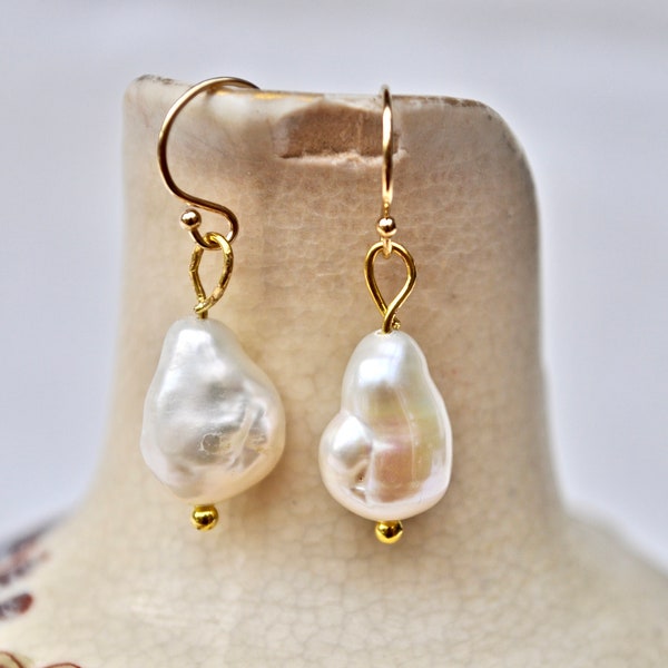 Bold and Beautiful 14 Ct Filled Baroque Freshwater White Pearl Earrings