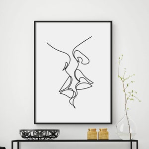 Kiss wall art, one line art, one line drawing, abstract love art, woman line art, minimalist line art, modern print, minimal wall art