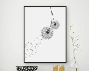 SALE!!! Dandelion Print, Dandelion Wall Art, Dandelion Art, Floral Print, Floral Wall Art, Minimalist Print, Black and White