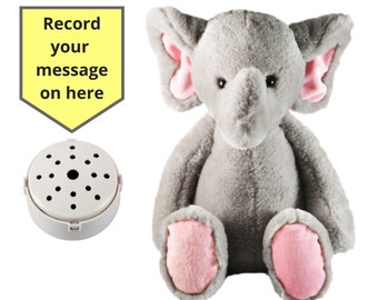 Éléphant en peluche avec oreilles roses, enregistreur vocal de 60 secondes et boîte cadeau - 25 cm/10 po. - bébé ours qui bat