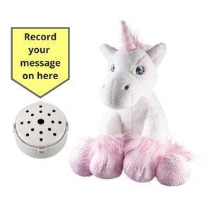 Peluche licorne blanche duveteuse avec enregistreur vocal de 60 secondes et boîte cadeau - 25 cm/10 po. - bébé ours qui bat