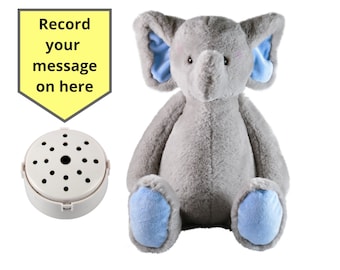 Éléphant en peluche avec oreilles bleues, enregistreur vocal de 60 secondes et boîte cadeau - 25 cm/10 po. - bébé ours qui bat