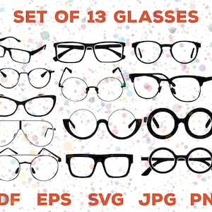 Könnte beinhalten: Satz von 13 Schwarzweiß-Silhouettenillustrationen verschiedener Brillenstile. Die Brillen sind in drei Reihen angeordnet. Der Text "SET OF 13 GLASSES" befindet sich oben im Bild. Der Text "PDF EPS SVG JPG PNG" befindet sich unten im Bild.