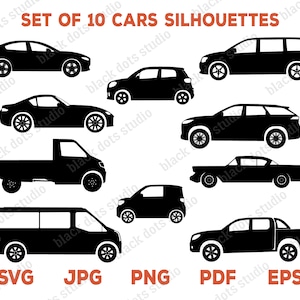 May include: Set of 10 black car silhouettes. The silhouettes are of various car types, including a sedan, a pickup truck, a van, and a sports car.
