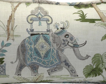 One 14" by 26" Elephant Throw Pillow Cover, Kumar Linen Celadon Blue Temple Elephant Palm Trees Throw Pillow Cover, Living Room Pillows