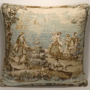 Toile Throw Pillow Cover, Seafoam Green Bosporus Flax Pastoral Toile Fabric, Renaissance, French Country, Living Room Pillows