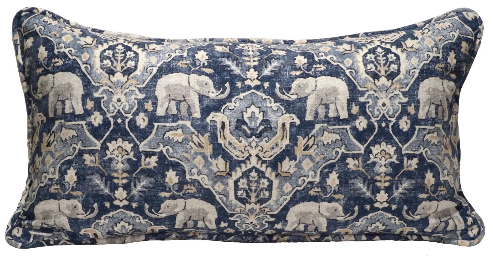 One 14" by 26" Elephant Batik Blue Throw Pillow Cover, Hillary Farr Blue & Cream Oblong Rectangle  Pillow Cover, Living Room Pillow, Vastu