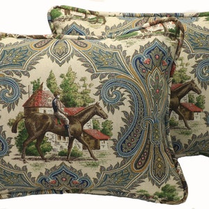 Set of 2 14" by 18" Horse Throw Pillow Covers, Equestrian Country Scene Blue Green Paisley Throw Pillow Cover, Living Room, Horseback Riding