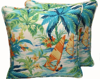 Set of 2 18" Tommy Bahama Outdoor Throw Pillows, Tropical Wind Surfer Decorative Throw Pillows & Forms, Coastal, Beach, Palm Trees, Patio