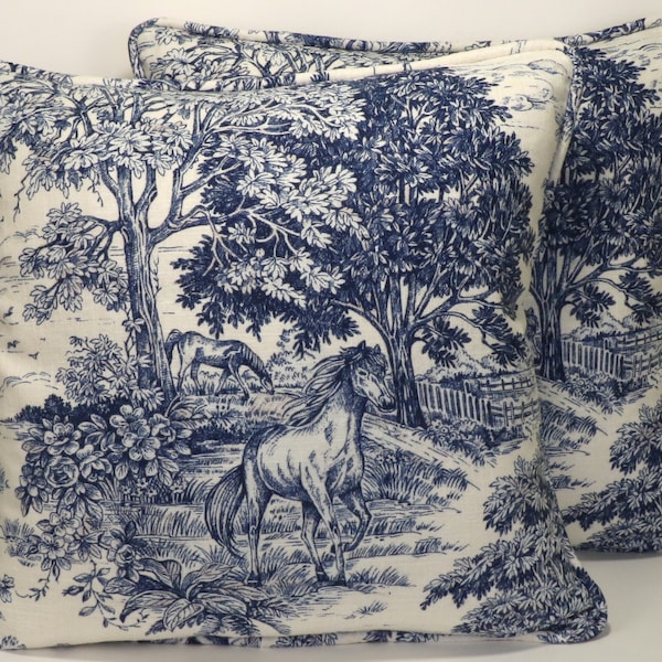 Set of 2 18" Blue Toile Horse Throw Pillow Covers, Blue and Cream Yellowstone Bluebell Designer Throw Pillow Covers, Equestrian, Pastoral