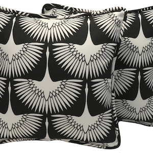 Set of 2 18&quot; Black and Cream Egret Outdoor Fabric Decorative Throw Pillow Covers, Handmade Crane Bird Pillow Covers, Patio Deck, Sunroom