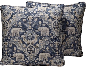 Set of 2 20" Blue Elephant Throw Pillow Covers,  Love it or List It Batik Blue Elephant Pillow Covers, Living Room Boho Chic, Bohemian Decor
