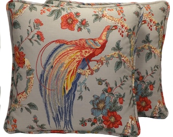 Set of 2 18&quot; Pheasant Decorative Throw Pillows, Waverly Olana Shadow Pheasant Bird Floral Designer Throw Pillow & Forms, Living Room Sofa