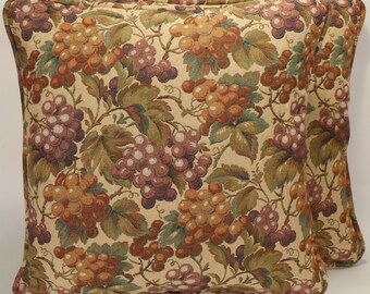 Set of 2 18" Grape Vineyard Throw Pillow Covers, Rust Green Tan Purple Grapes Decorative Throw Pillow Covers, Living Room, Wine, Shabby Chic