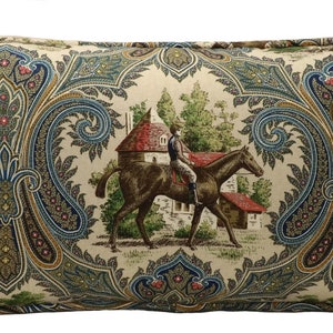 One 14" by 26" Horse Throw Pillow Cover, Equestrian Country Scene Blue Green Tan Paisley Throw Pillow, Living Room Pillow, Horseback Riding