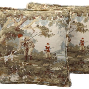 Set of 2 22&quot; Hunting Throw Pillow Covers, Handmade Game Bird Hunting w Dog Tan Cream Designer Throw Pillow Covers, Gift for Dad, Man Cave
