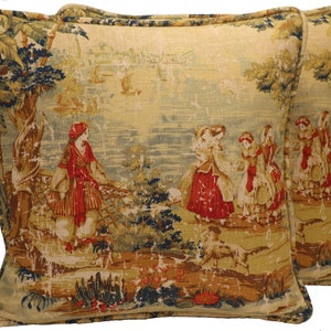 Set of 2 20&quot; French Country Throw Pillow Covers, Bosporus Antique Red Green Tan Toile Designer Throw Pillows, Living Room Renaissance Pillow