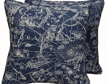 Set of 2 18" Navy Blue Tommy Bahama Outdoor Throw Pillow Covers, South Seas Nautical Pillow Covers, Coastal, Beach,Porch, Patio, Boat, Maps