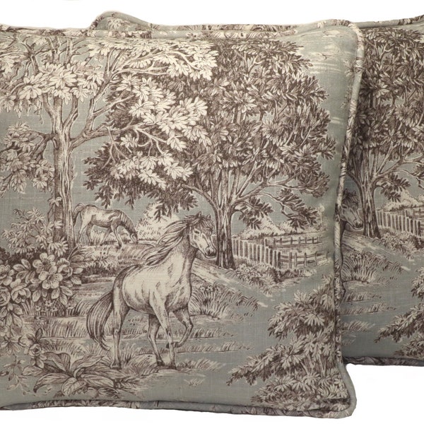 Set of 2 18" Dove Gray Toile Horse Throw Pillow Covers, Gray and Cream Yellowstone Dove Designer Throw Pillow Covers, Equestrian, Pastoral