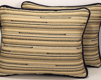 On Sale! Set of 2 14" by 18"  Tan and Navy Stripe Throw Pillow Covers, Chenille  Stripe Decorative Throw Pillow Covers, Oblong  Modern Decor