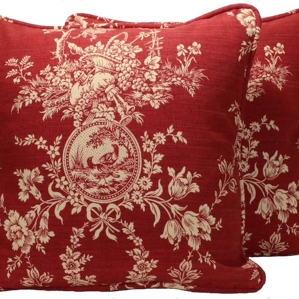 Set of 2 18" Red Bird Toile Throw Pillows, Waverly Country House Red Toile Bird Handmade Decorative Throw Pillows and Forms, Living Room