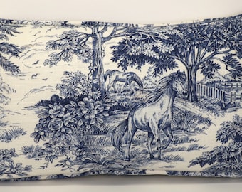 One 14" by 26"  Horse Toile Cream and  Blue Throw Pillow Cover,  French Country Blue and Cream Oblong Throw Pillow Cover, Living Room