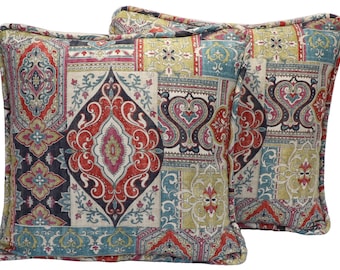 Set of 2 20&quot; Paisley Hamadi Gemstone Throw Pillow Covers, Red, Teal, Golden Yellow, Purple Patchwork Bohemian Style Handmade Pillow Covers