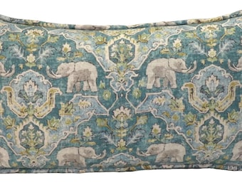 One 14" by 26" Elephant Batik Throw Pillow Cover, Caribe Aqua Blue and Green Oblong Rectangle Throw Pillow Cover, Living Room, Boho Chic