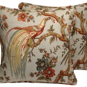 Set of 2 18" Pheasant Decorative Throw Pillows, Waverly Olana Bay Leaf Pheasant Bird Floral Designer Throw Pillows and Forms, Living Room