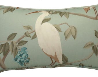 One 14&quot; by 26&quot; Heron Egret Bird Throw Pillow Cover, Heron Mineral Light Aqua Blue Fabric Oblong Rectangle Throw Pillow Cover, Living Room