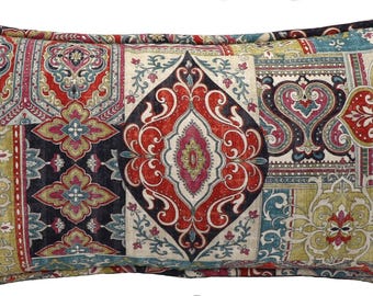 One 14&quot; by 26&quot;  Paisley Hamadi Gemstone Throw Pillow Cover, Red, Teal, Golden Yellow, Purple Patchwork Bohemian Style Handmade Pillow Cover
