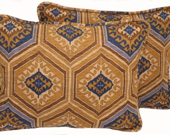 Set of 2  14" by 18" Southwestern Tan  Throw Pillow Covers, Oblong Cub Denim Blue Southwestern Tribal Decorative Throw Pillow Covers, Lumbar