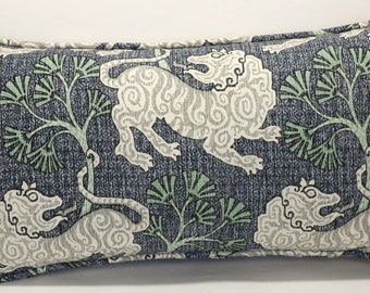One 14&quot; by 26&quot; Blue  Foo Dog Throw Pillow Cover, Lion Dance Indigo Blue, Green, and Cream  Pillow Cover, Living Room Pillows, Long Oblong