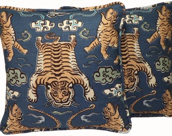 Set of 2 20" Tiger Throw Pillow Covers,  Denim Blue Tiger Republic Himalayan Pillow Covers, Living Room, Chinoiserie Decor