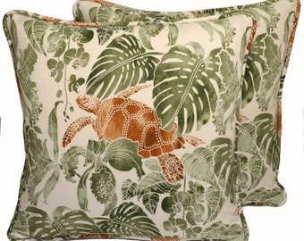 Set of 2 18" Tommy Bahama Outdoor Pillow Covers, Tommy Bahama Outdoor Tortuga Turtles Tan Green Throw Pillow Covers, Coastal, Patio, Florida