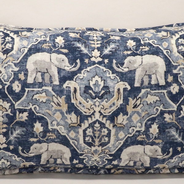 One 14" by 26" Elephant Batik Blue Throw Pillow Cover, Hillary Farr Blue and Cream Oblong Rectangle  Throw Pillow Cover, Living Room Pillow