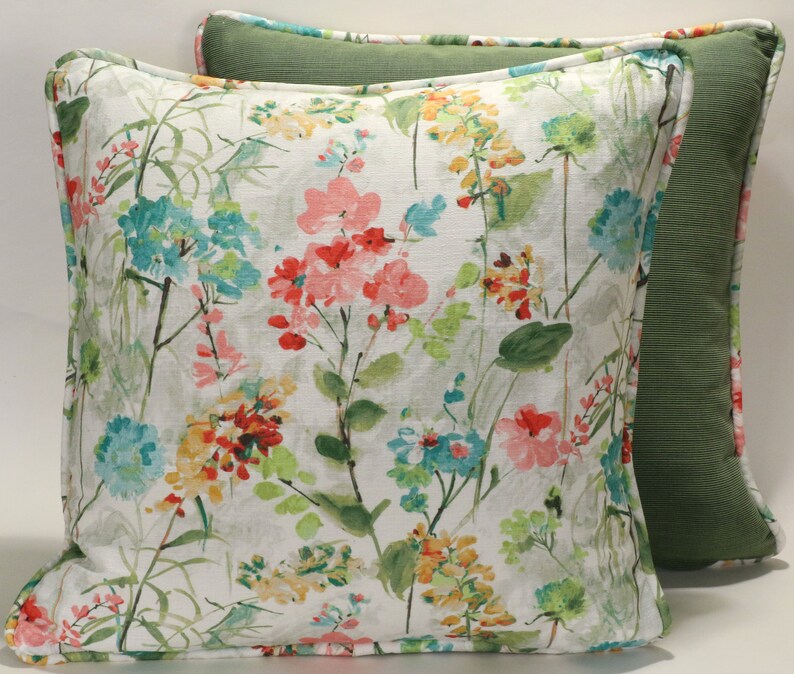 Set of 2 18 Floral Throw Pillow Covers Boho Living Room Pillows Blue Green Pink Watercolor Floral Handmade Designer Throw Pillow Covers