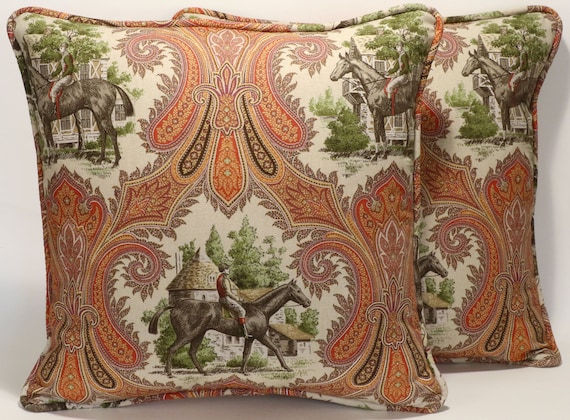 Set of 2 18 Horse Throw Pillows and Forms Equestrian Country Scene Brown Tan Paisley Throw Pillows Living Room Pillows Horseback Riding Etsy UK